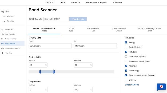 A bond scanner interface showing filtering options for corporate bonds, maturity dates, yields, coupon rates, and industries.