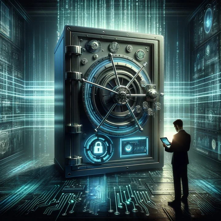 A futuristic digital vault with glowing blue security elements and a businessman using a tablet.